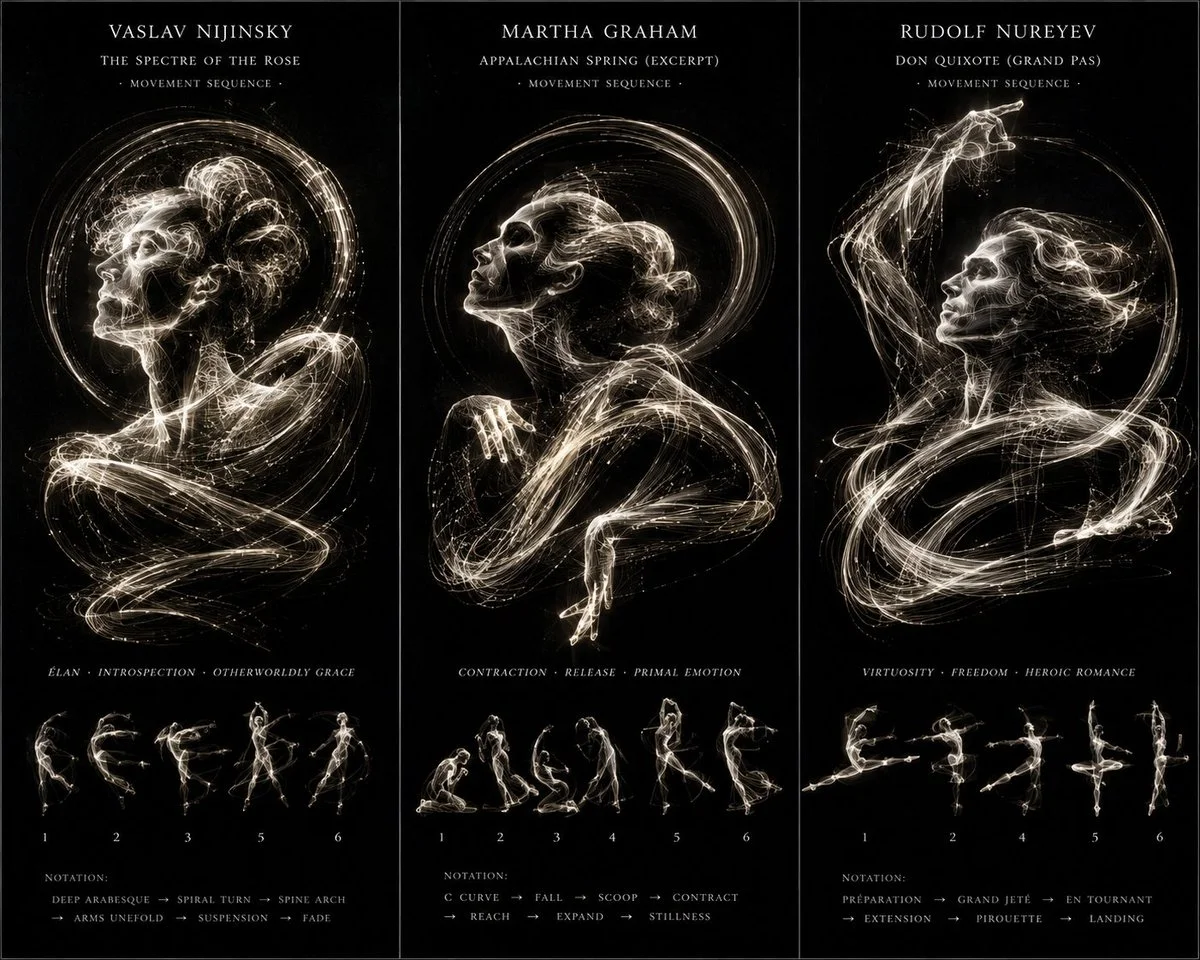 Three legendary dancers become luminous motion trails in darkness