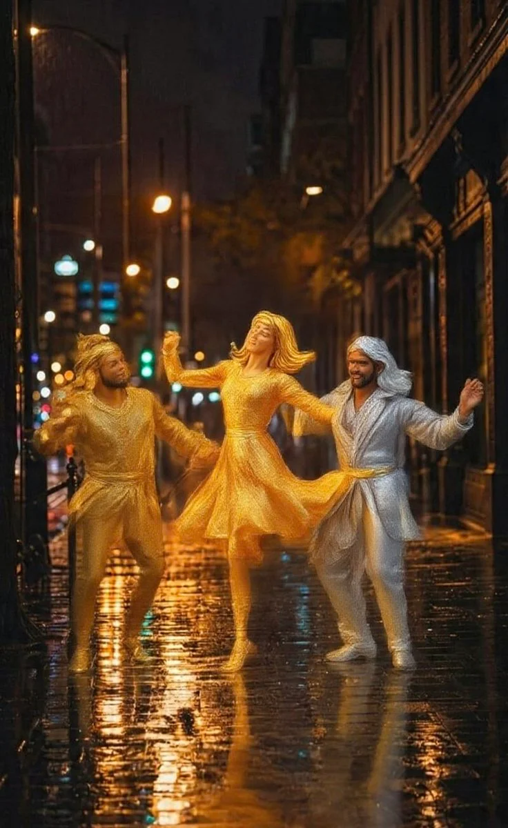 Three metallic dancers twirl on a rain-slicked street at night.