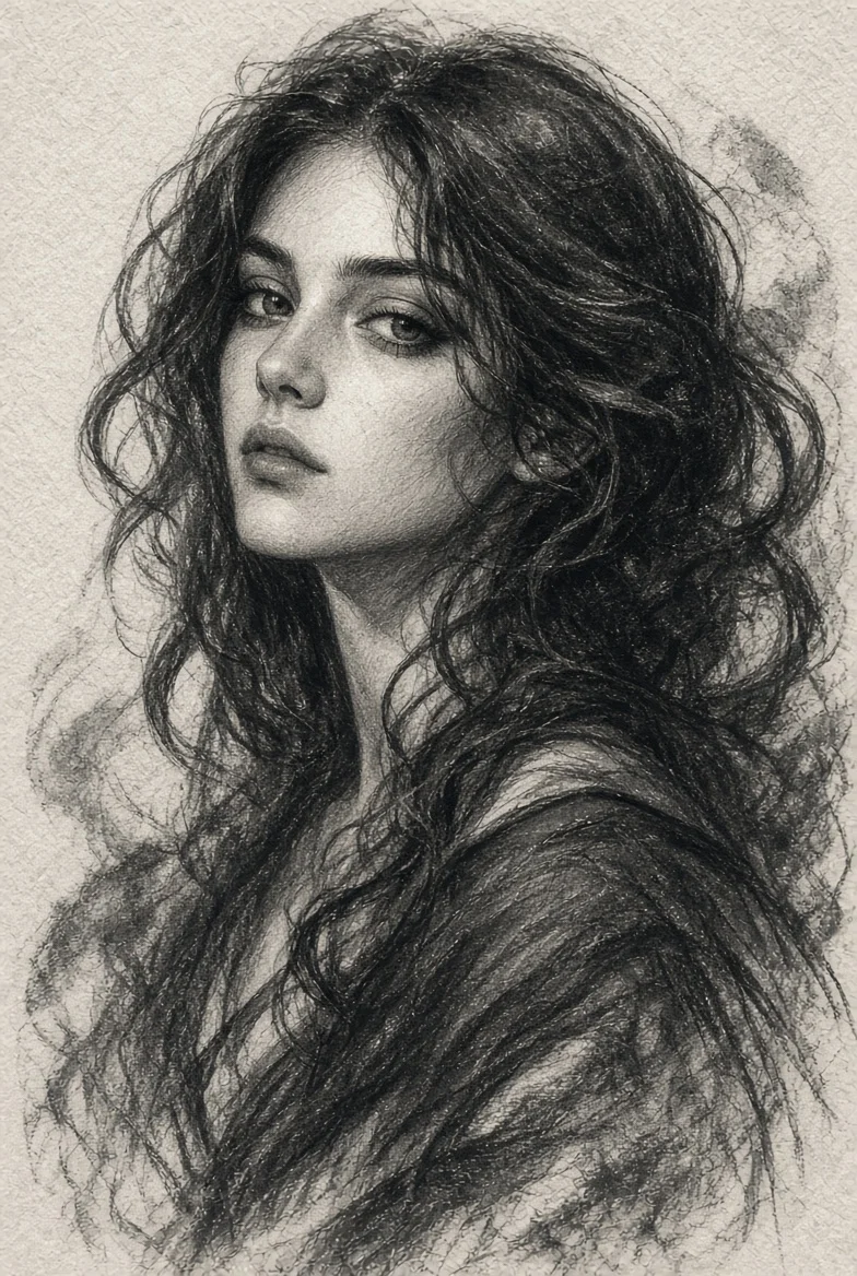 Three Studies Capture a Young Woman in Charcoal and Watercolor