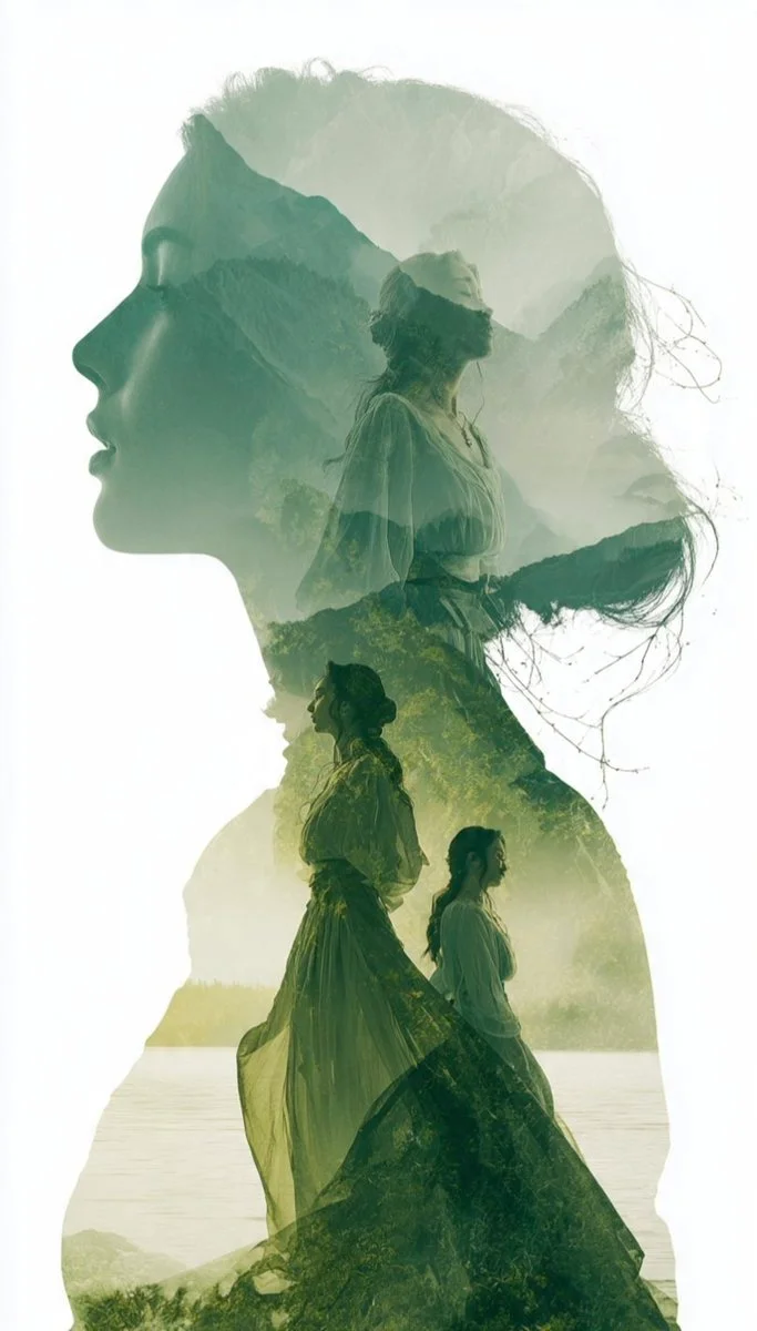 Three women in flowing gowns gaze into a misty mountain scene
