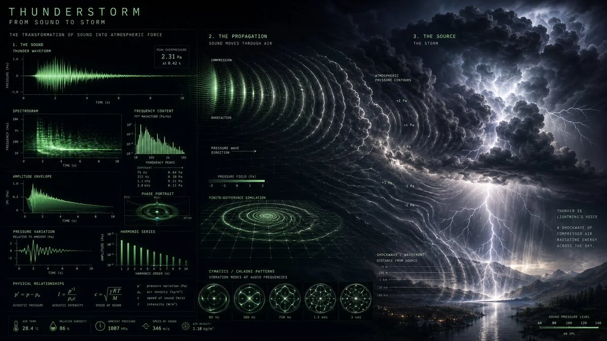 Thunderstorm sound visualized as cymatic patterns and waveforms