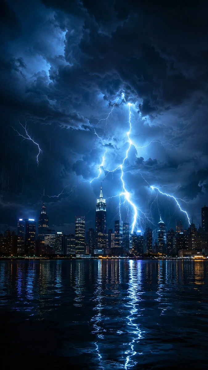 Thunderstorm unleashes brilliant lightning over a dark city skyline