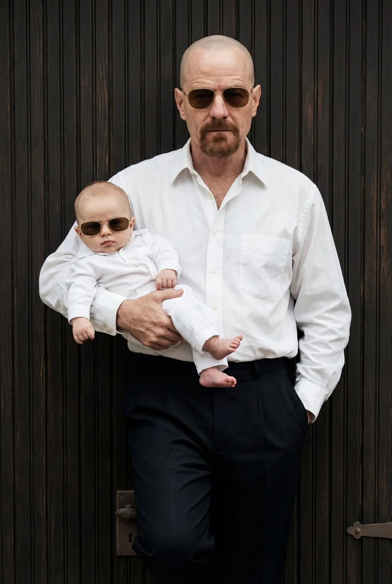 Timeless 90s Elegance: Father and Baby in Quiet Luxury