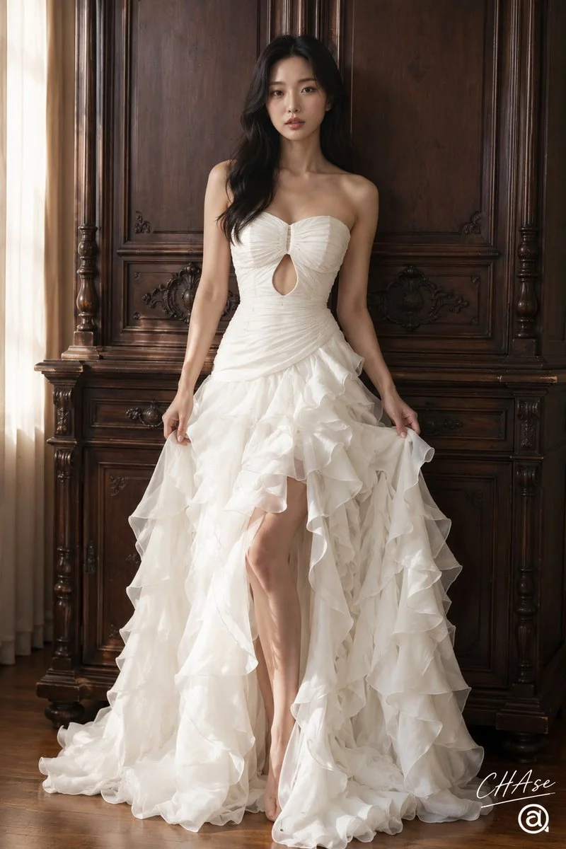 Timeless beauty in white ruffled gown amid antique mahogany interior