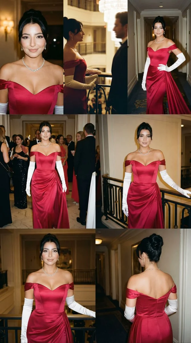 Timeless Elegance: Crimson Glamour in Six Panels
