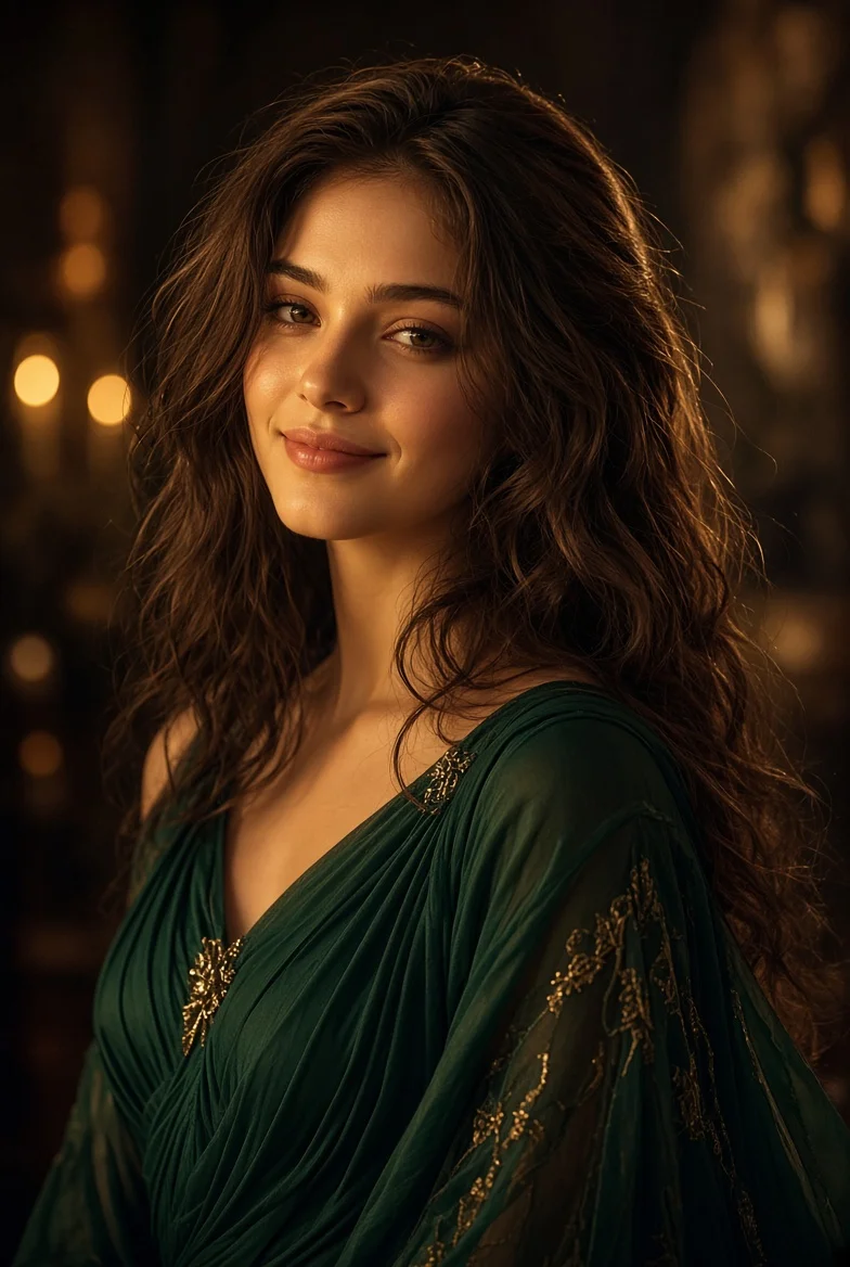 Timeless Grace Shines in Deep Green and Golden Elegance