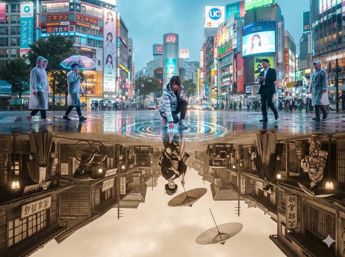 Timeless Reflections: Shibuya's Dual Realities Collide