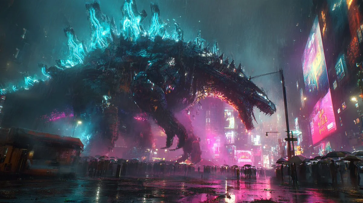 Tiny crowds flee as glowing kaiju destroys rain-soaked neon city