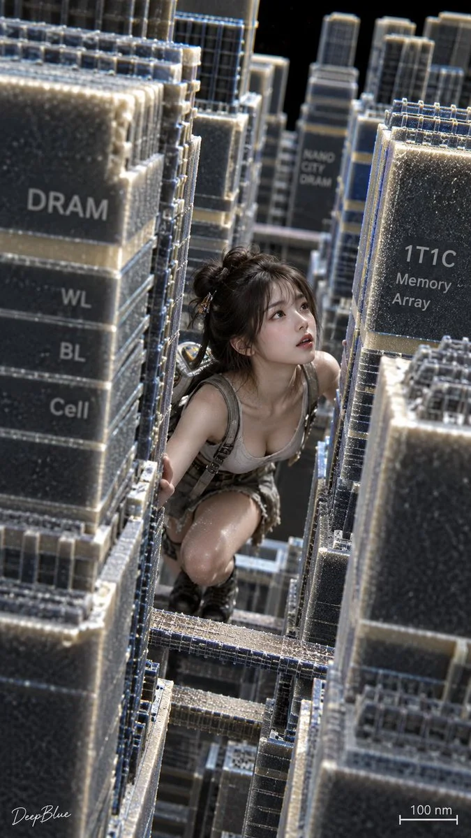 Tiny Eastern woman explores towering DRAM city under microscope