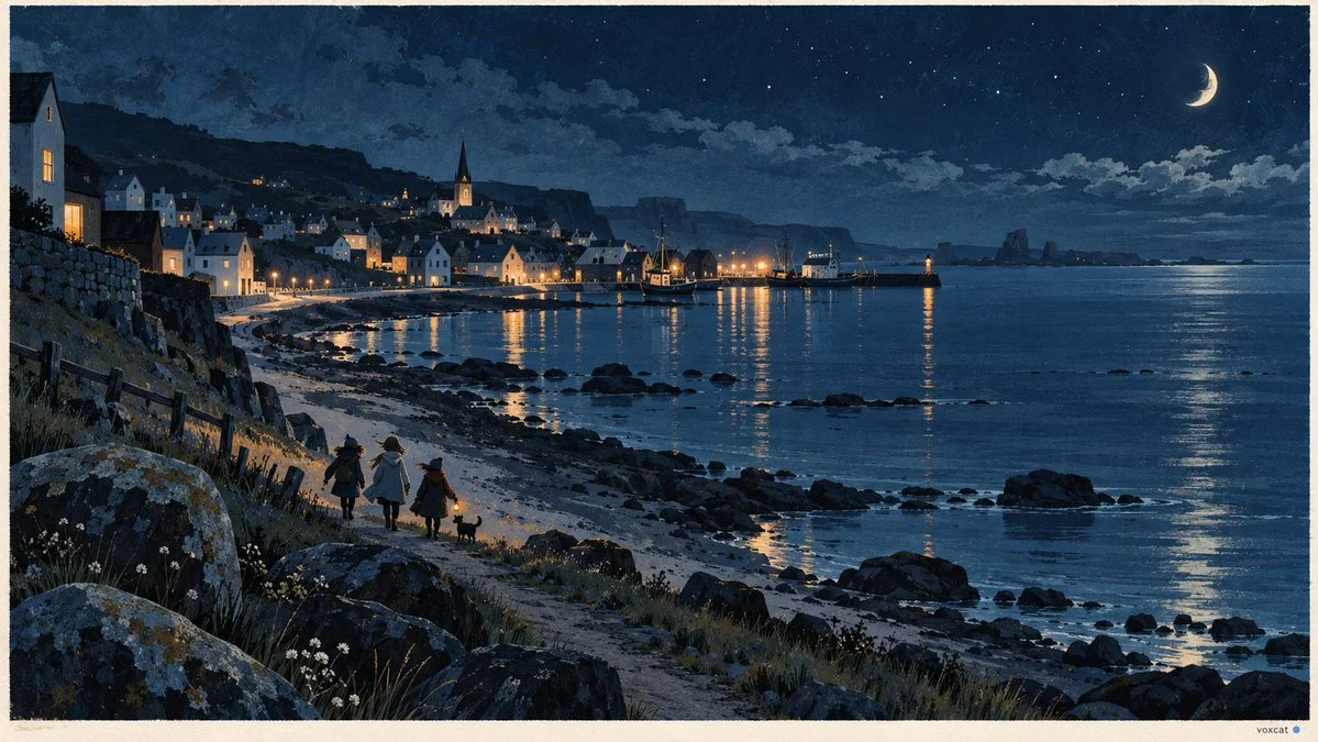 Tiny Figures Navigate a Vast Nordic Blue Nocturne Landscape