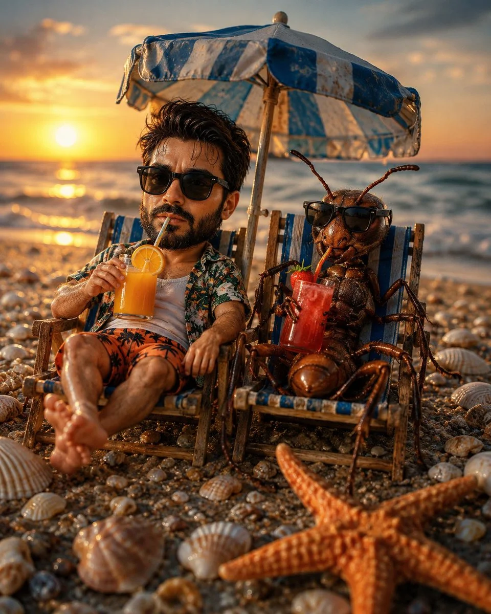 Tiny man and giant ant relax together on beach chairs at sunset