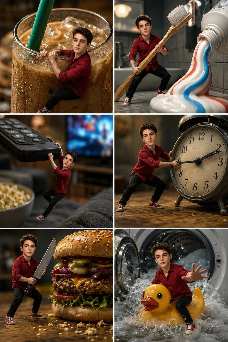 Tiny man fights giant coffee mug in a cinematic miniature scene