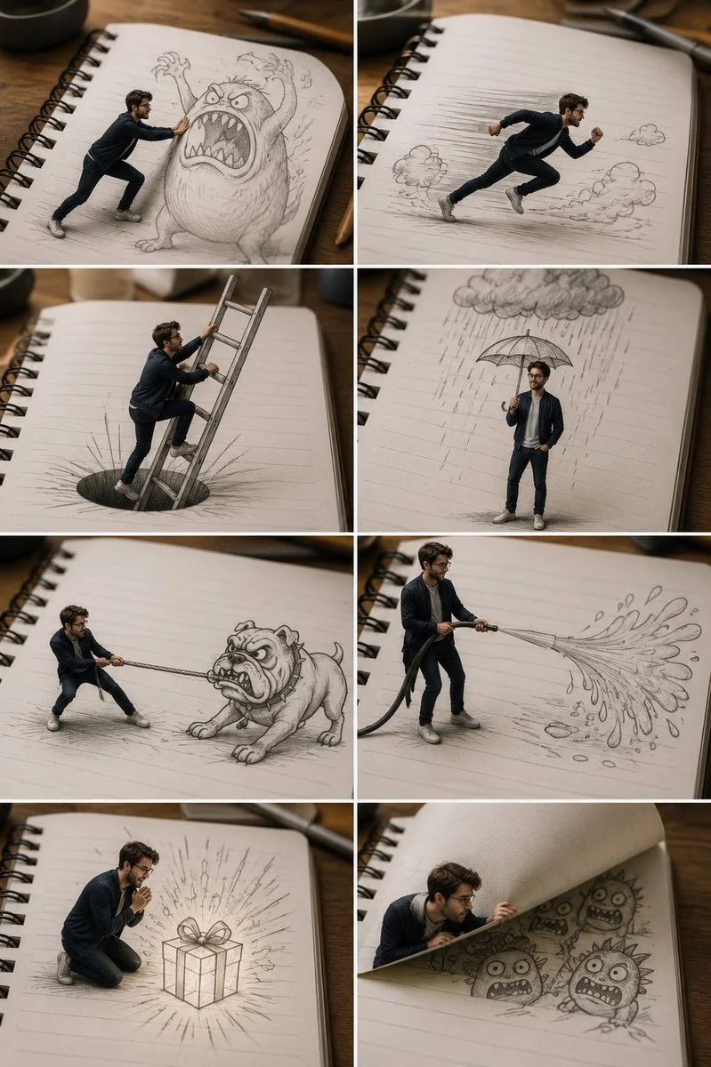 Tiny man fights sketched monster on notebook page in miniature world