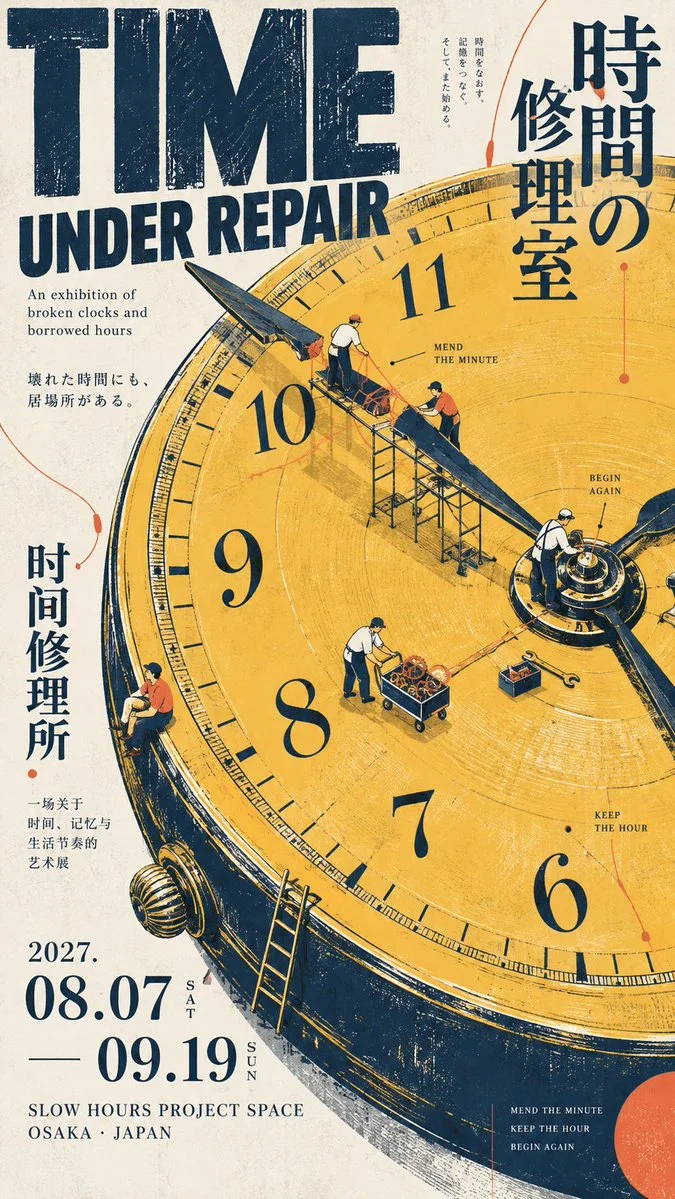 Tiny workers repair watch hands in a Japanese vintage print poster