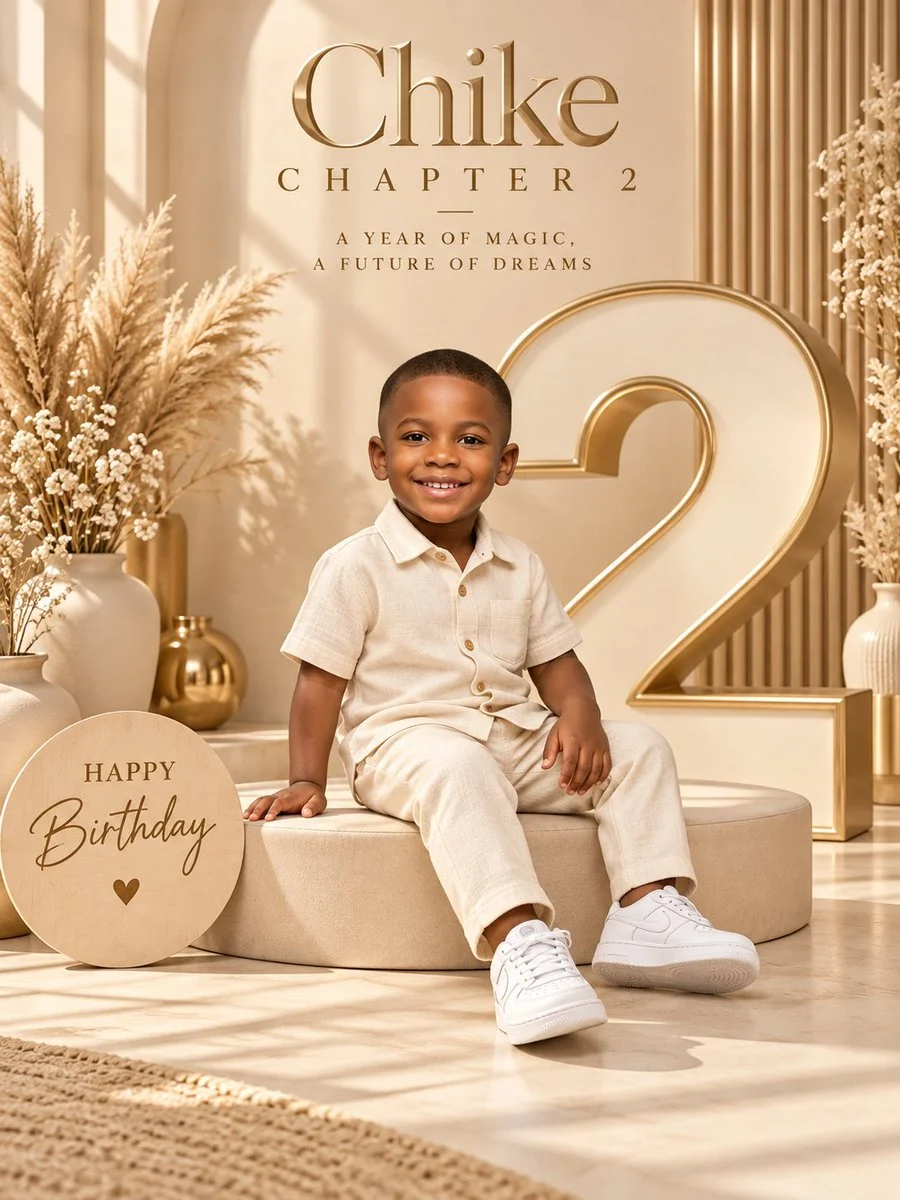 Toddler Boy Smiles on Beige Platform in Luxury Birthday Studio