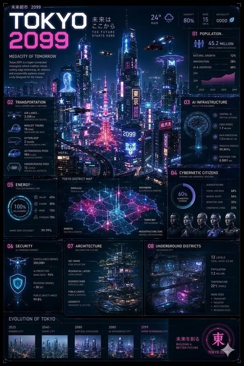 Tokyo 2099 cyberpunk skyline glows with neon holographic billboards
