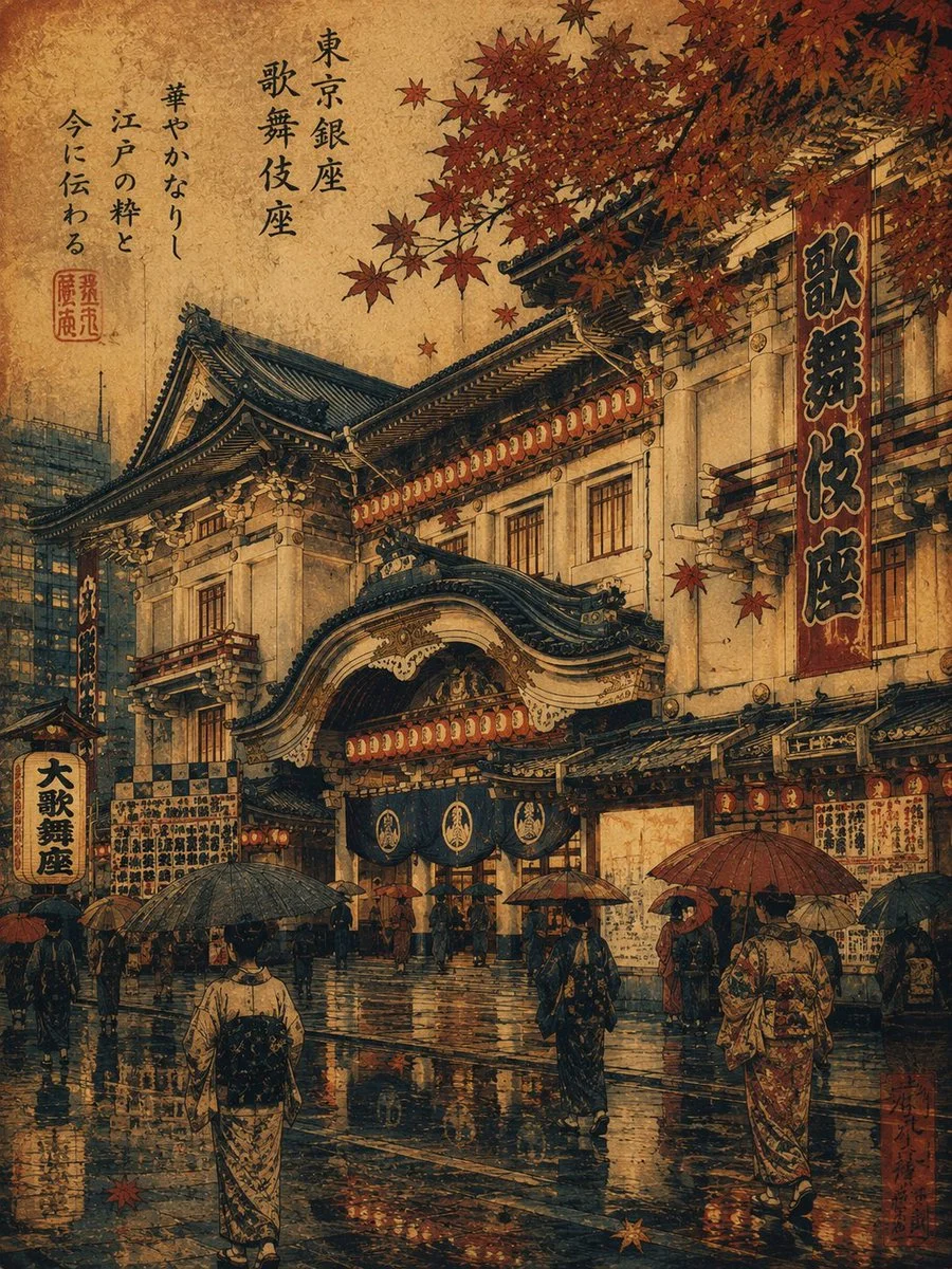 Tokyo Dome glows warmly under autumn rain in ukiyo-e style