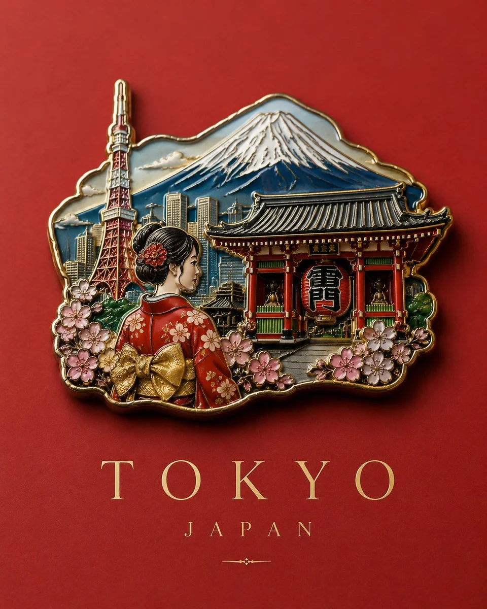 Tokyo's Shibuya crossing transforms into a gold-edged enamel magnet