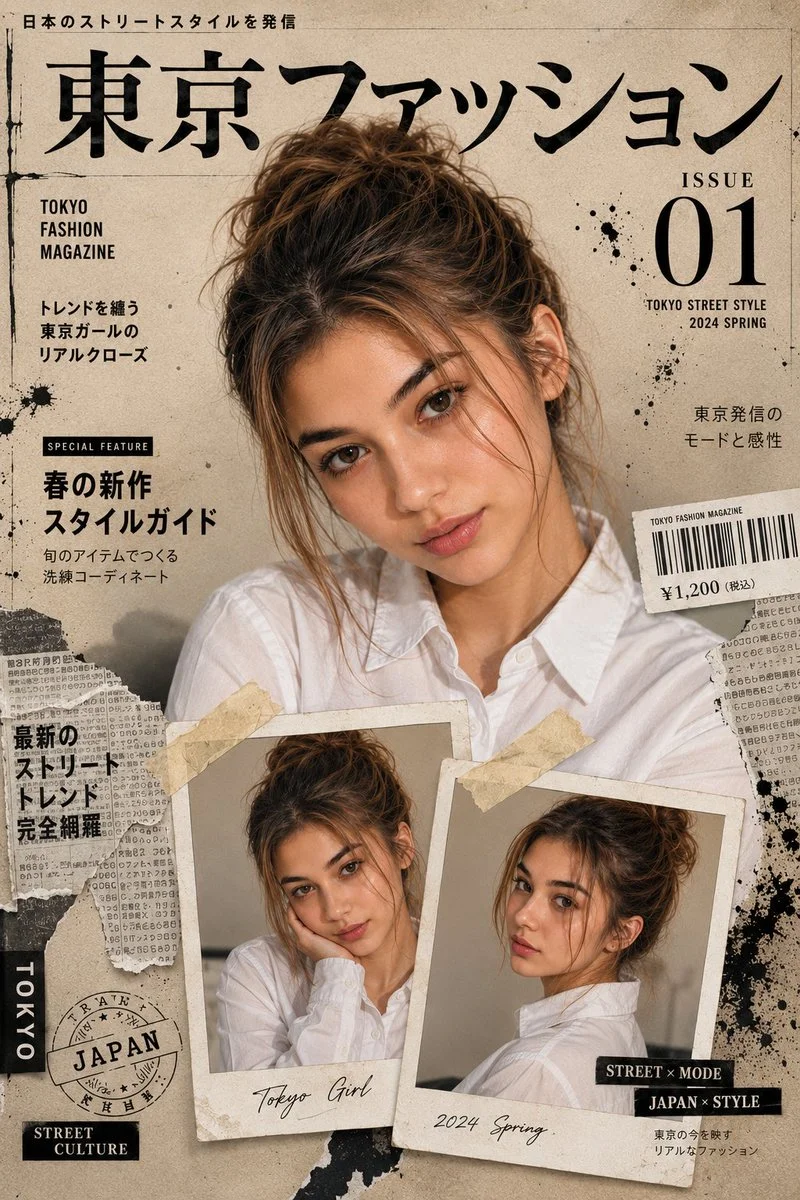 Tokyo street fashion cover with dual Polaroid portraits and ink splatters