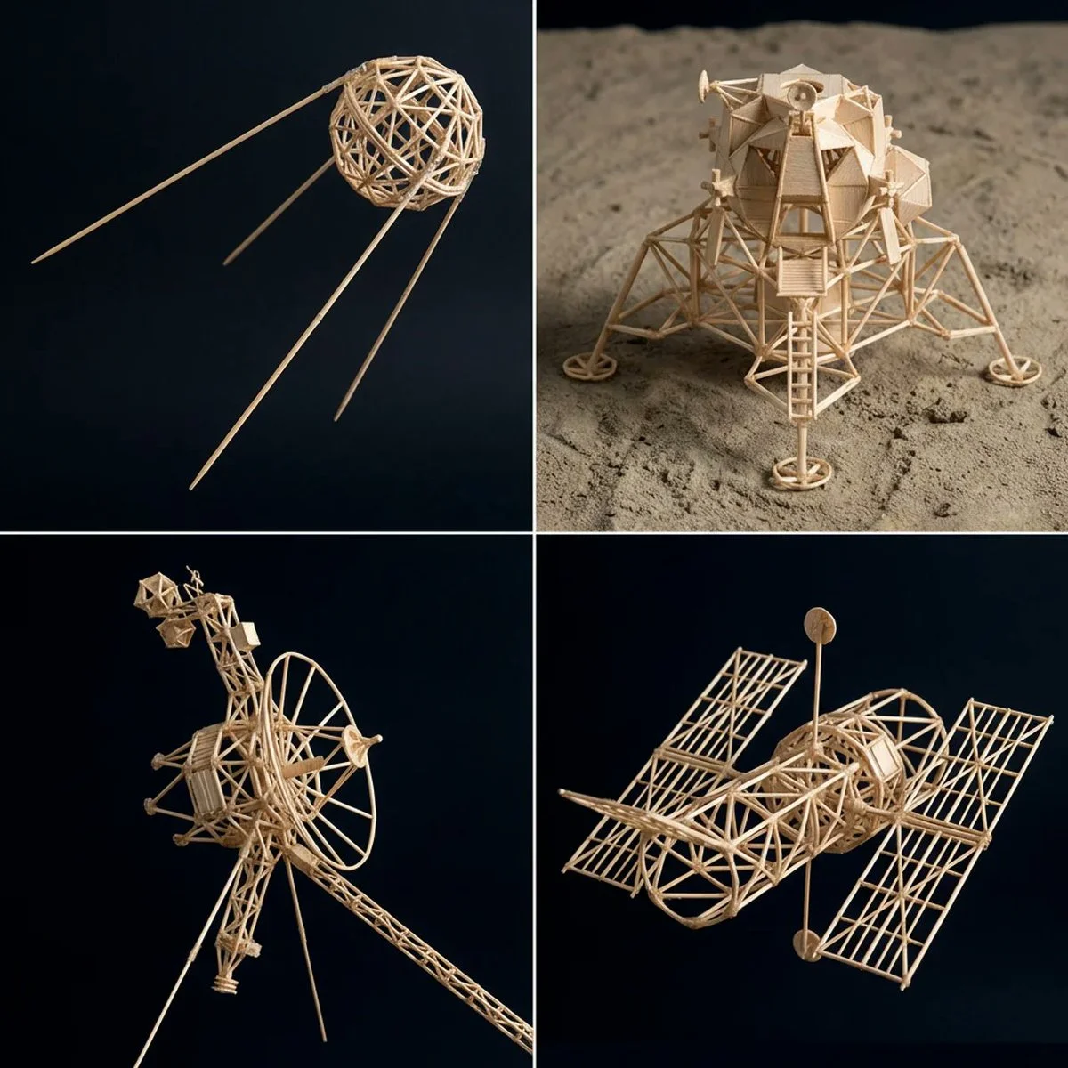 Toothpick Truss Models of Four Iconic Space Milestones