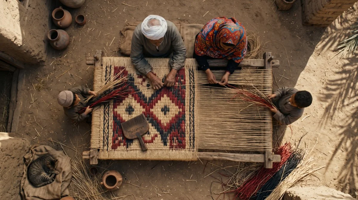 Top-down view of Fayoum mat weavers with halfa grass and cat