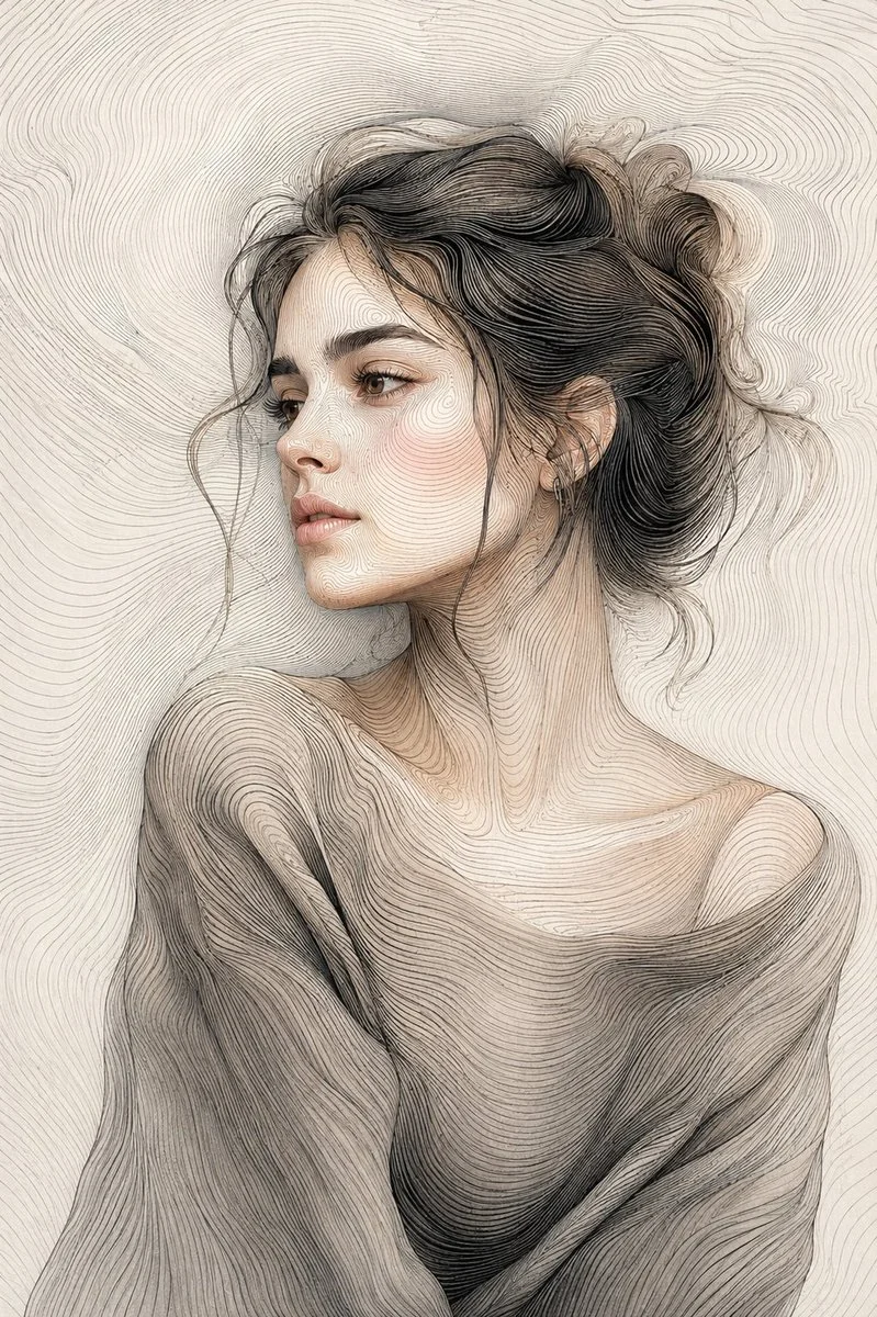 Topographic line art portrait of a woman with dark hair