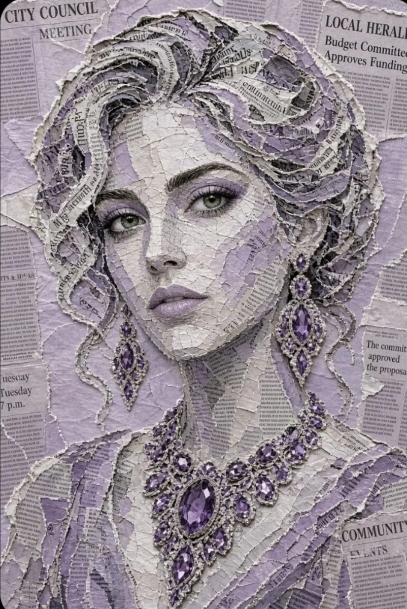 Torn Newspaper Collage Forms Woman with Emerald Eyes and Purple Gems
