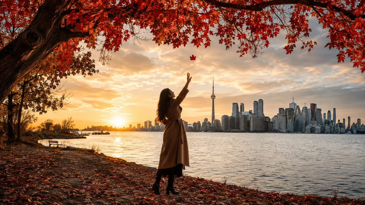 Toronto autumn fades to gold as she tries to catch one leaf