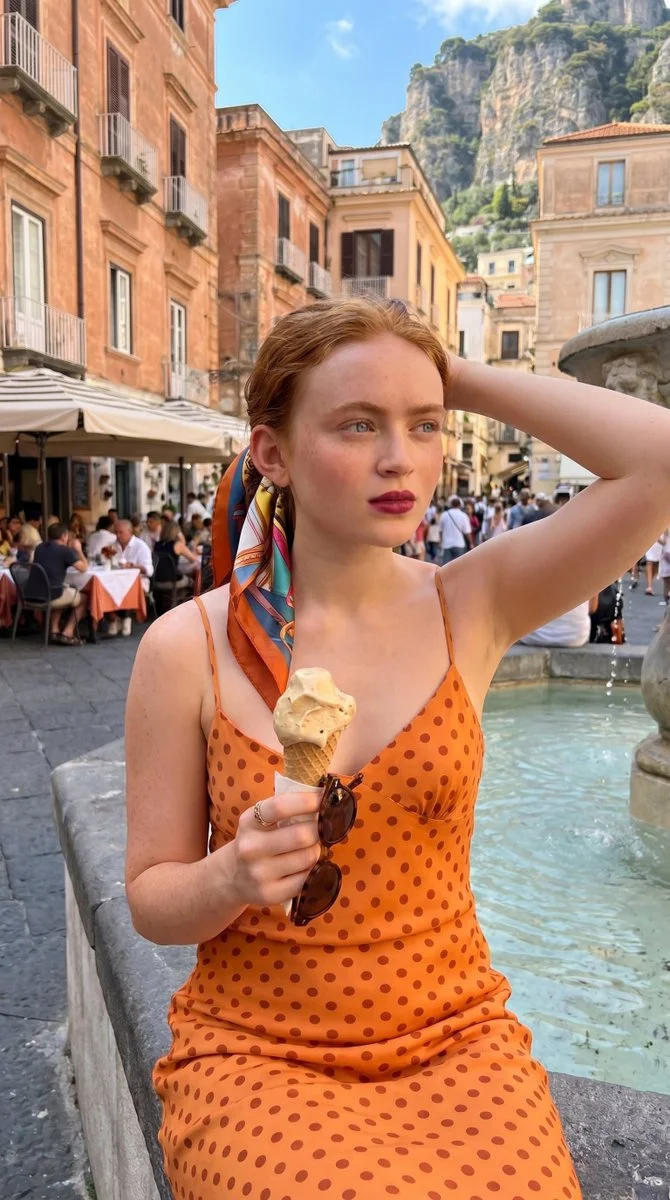 Tourist enjoys gelato in sunlit Italian piazza on Amalfi
