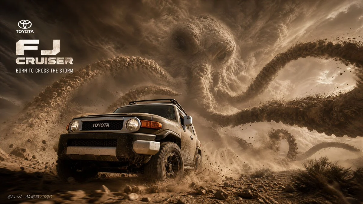 Toyota FJ Cruiser charges through desert storm with giant octopus tentacles