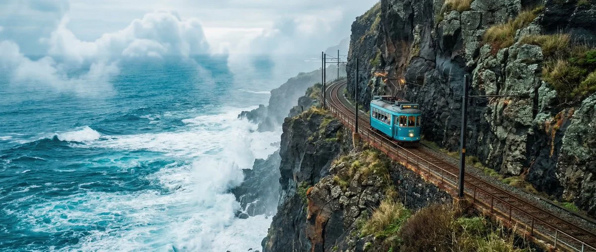 Tram Above the Turbulent Sea: Coastal Rail Journey in Marine Hues