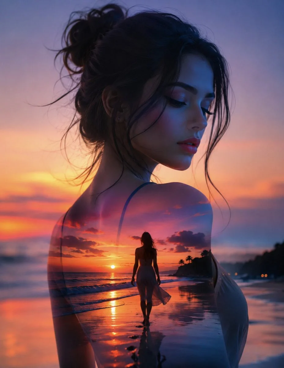 Tranquil double exposure captures woman walking at sunset shoreline