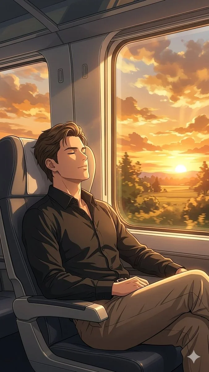 Tranquil Journey: Golden Hour Reflection on a Modern Train