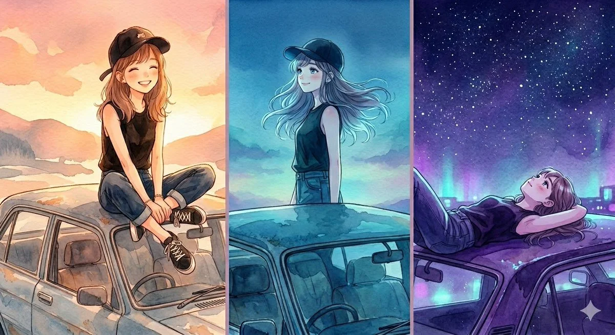 Tranquil Moments: A Watercolor Anime Girl Across Day and Night