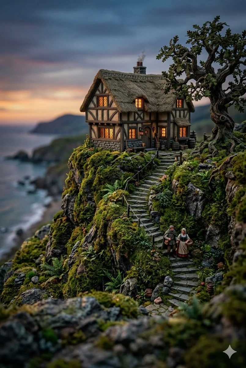 Tranquil Tudor Cottage on Mossy Cliff at Dawn