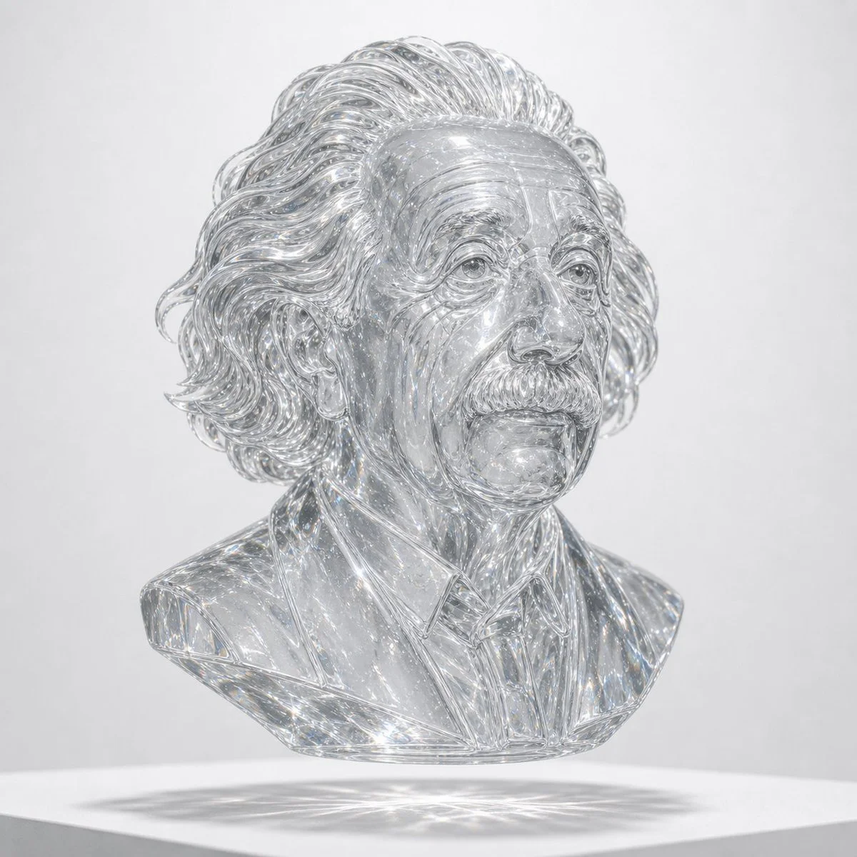 Transparent crystal bust of a thoughtful person floating above white surface