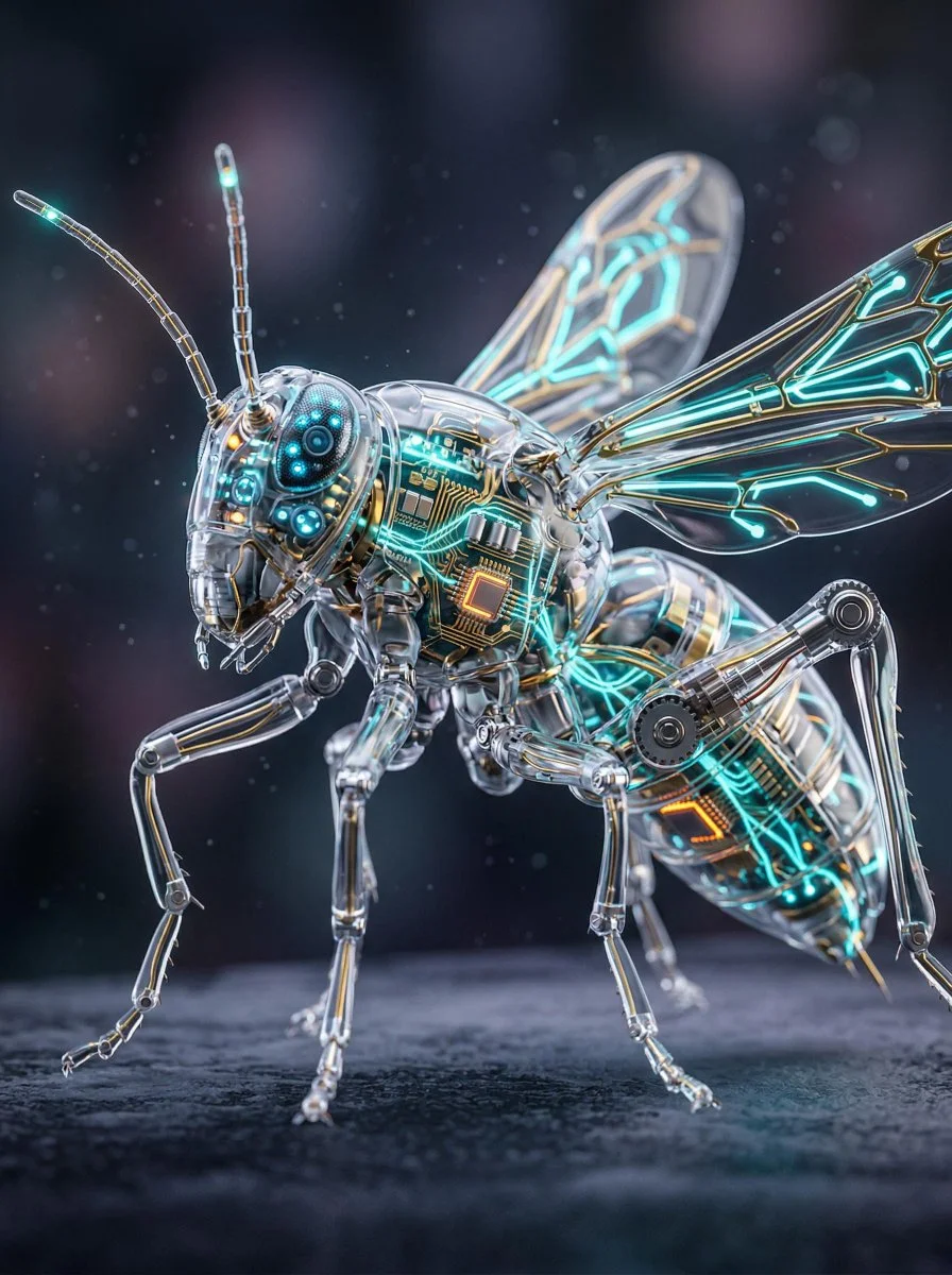 Transparent Cybernetic Insect with Glowing Micro-LEDs in Macro Detail