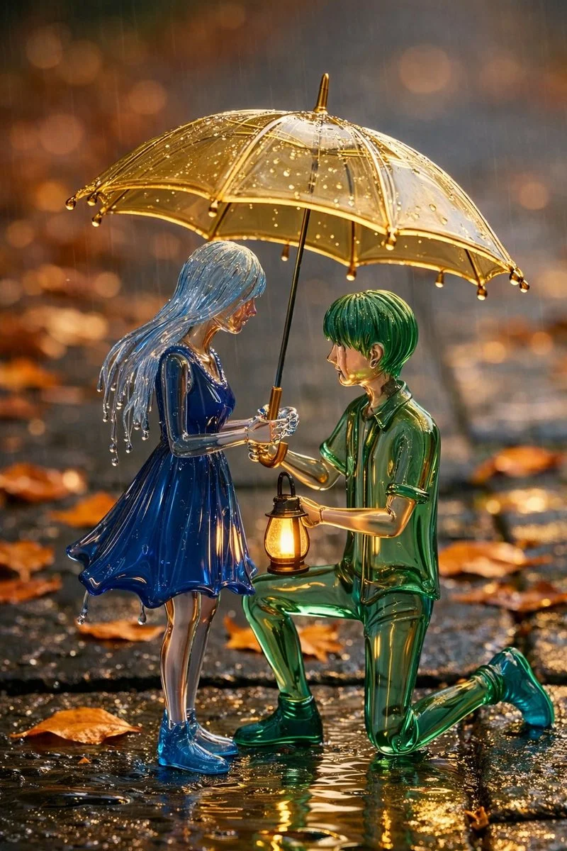 Transparent Figures Under Rainy Splendor