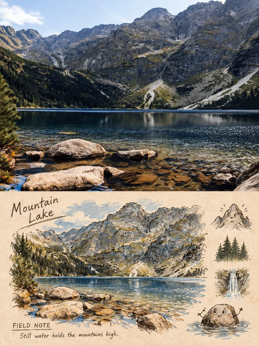 Travel photo transforms into hand-drawn field note with rhyming sketch