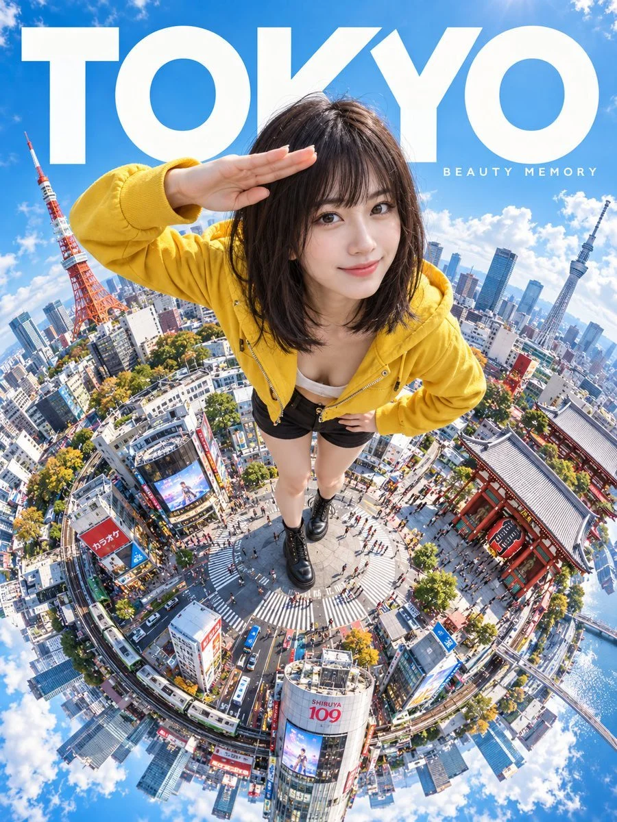Traveler salutes atop spherical panorama of San Francisco landmarks, ultra wide