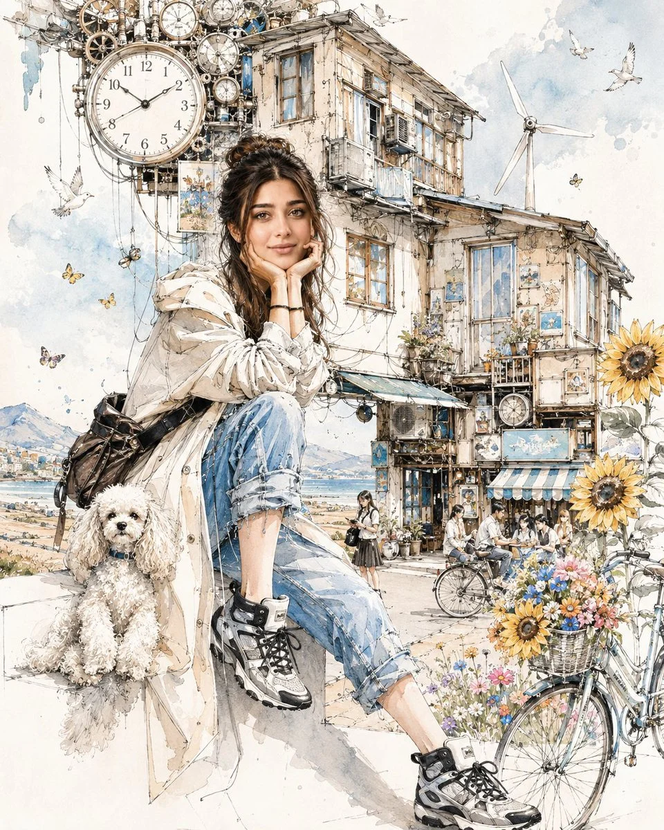 Traveler with white dog rests amid whimsical watercolor town and clock