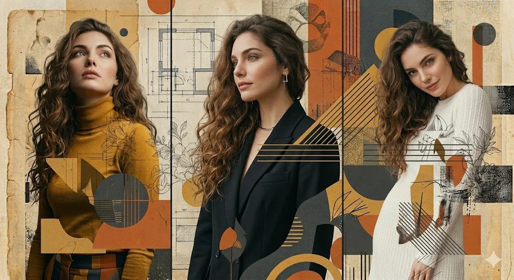 Tri-Panel Portrait of Elegance in Abstract Mixed Media