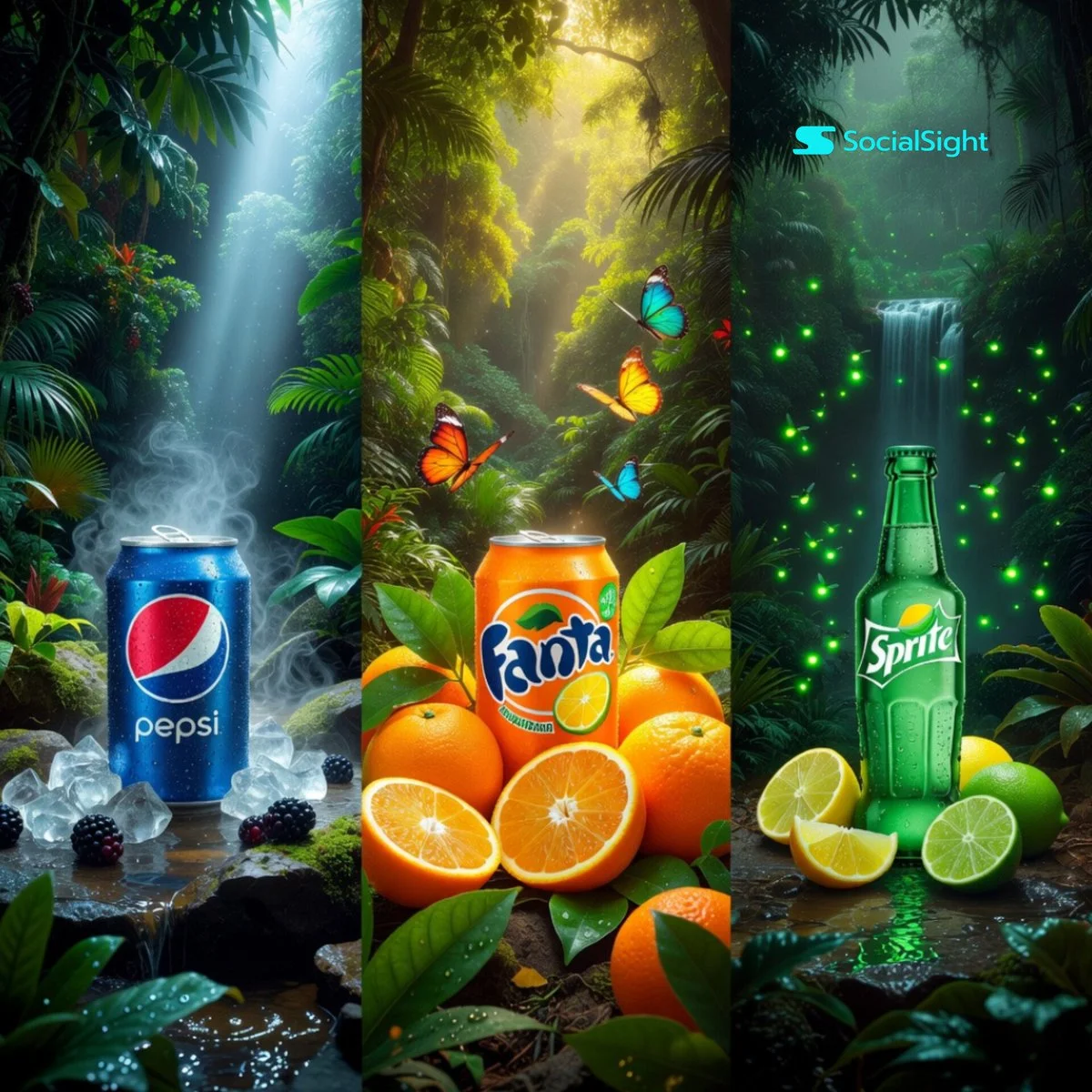 Tropical Refreshments: A Cinematic Collage of Iconic Soft Drinks