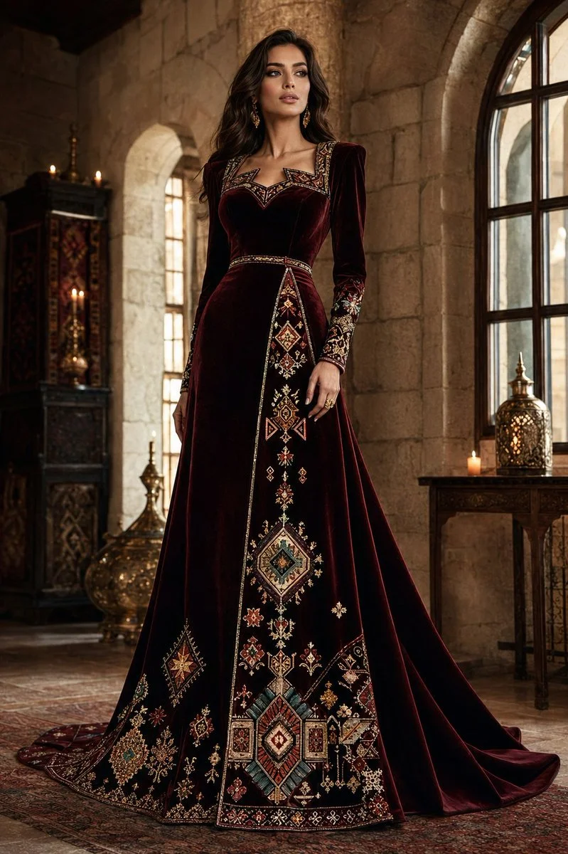 Turkish woman in burgundy velvet gown poses in historic mansion