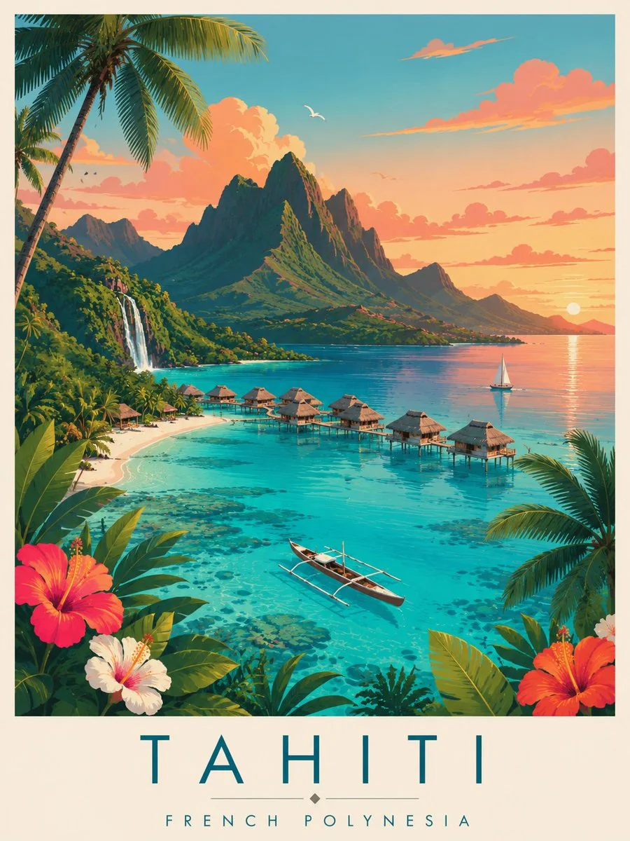 Turquoise lagoon and lush mountains frame Tahiti's serene sunset paradise