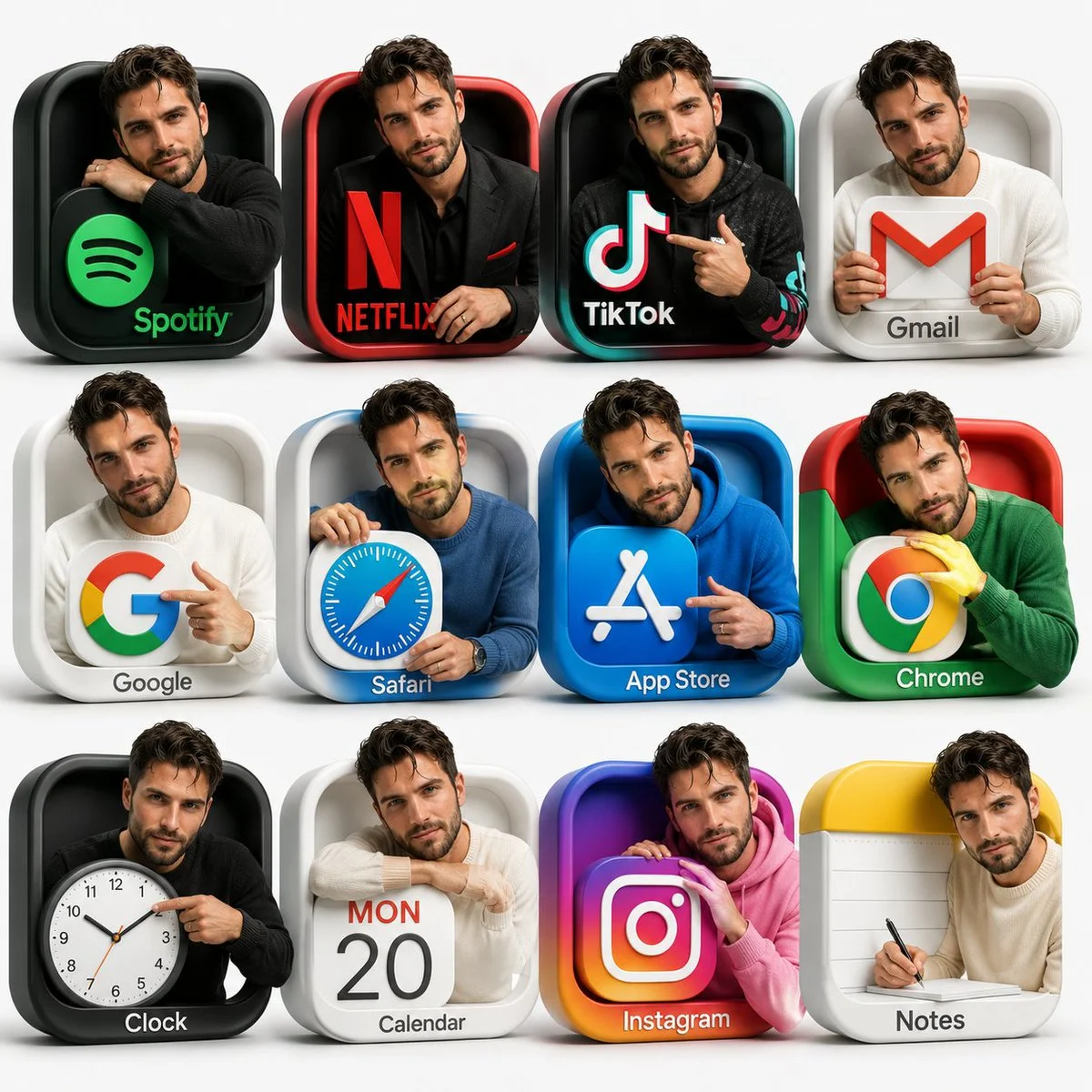 Twelve app icons showcase a man in color-coordinated outfits on a 3D grid