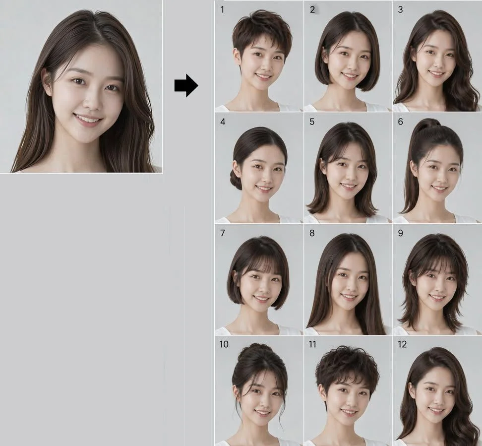 Twelve hairstyles on one face in a neat grid