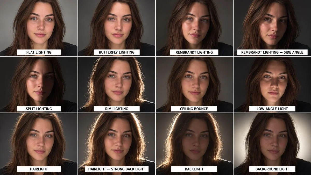 Twelve-Panel Portrait Grid Shows Identical Face Under Varied Studio Lights