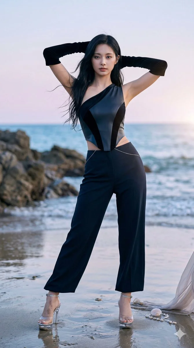 Twilight Elegance: Mina’s Serene Moment on a Secluded Beach