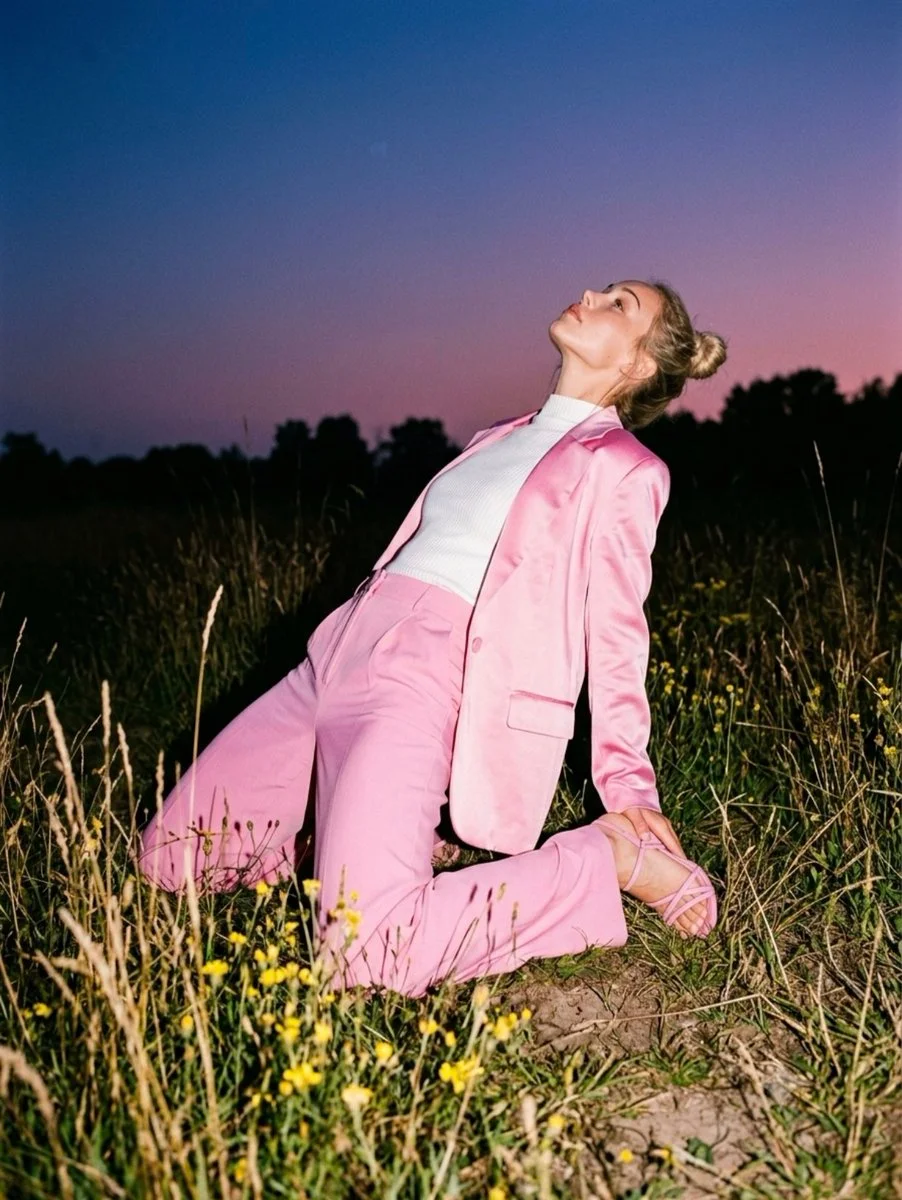 Twilight fashion moment: pink satin suit against purple gradient sky